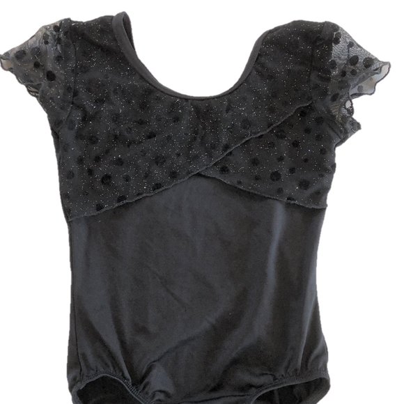 Black Leotard with Shimmery Polka Dot Mesh Ruffles and Flutter Sleeves - Picture 2 of 9